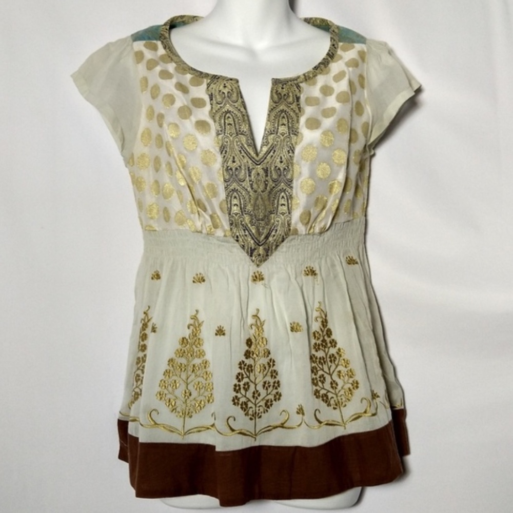 Anthropologie Floreat Top Embroid White Gold Sz 6